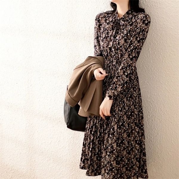 

vintage print shirt dress women spring korean slim waist long sleeve chiffon dress plus size elegant pleated floral dresses 220526, Black;gray