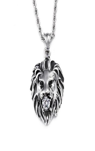 

hiphop viking lion necklaces stainless steel gold color punk animal lion head pendant necklace with cz zircon crystal for men wome9243953, Silver