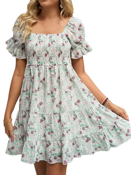 

women short sleeve printed square neck medium chiffon dress, Black;gray