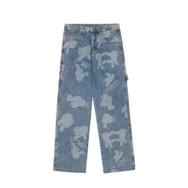 

fashion palm korean jacquard retro washed men baggy jeans trousers hip hop straight women wide denim pants for teens pantnes t220803, Blue