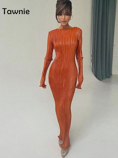 

casual dresses tawnie 223 spring summer y2k orange bodycon maxi women elegant long sleeve pleated slim plisse 23425, Black;gray
