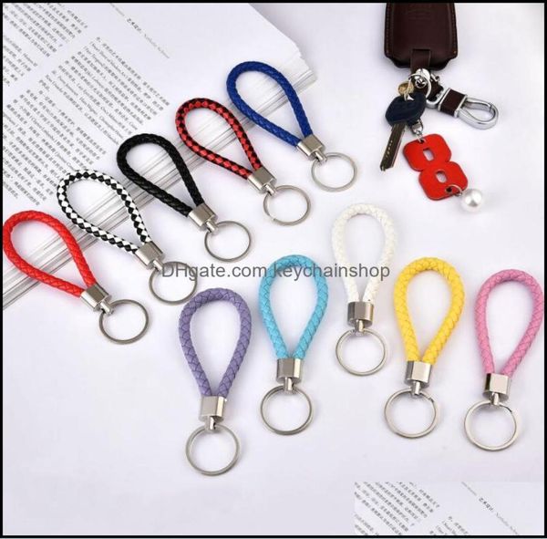 

key rings jewelry whole pu leather braided woven rope diy bag pendant keychain holder car keyring men women keychains dr5326150, Slivery;golden