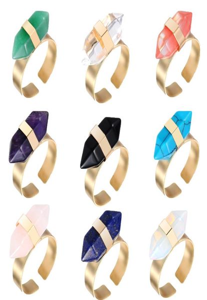 

natural stone open rings for women men hexagonal prism bullet healing crystal point tiger eye gemstone adjustable finger ring diy 8977908, Golden;silver