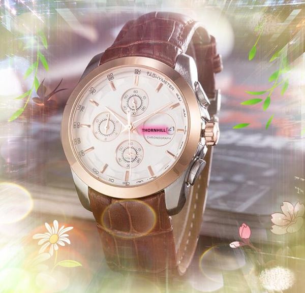 

all sub dials work mens six stiches designer watches satch 42mm leather belt timing clock quartz movement chronograph vintage trendy retro s, Slivery;brown