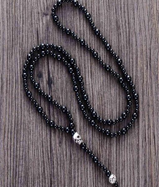 

men necklace quality black onyx with skull mens rosary necklace beads punk couple necklace mens jewelry drop 2012112306978, Silver