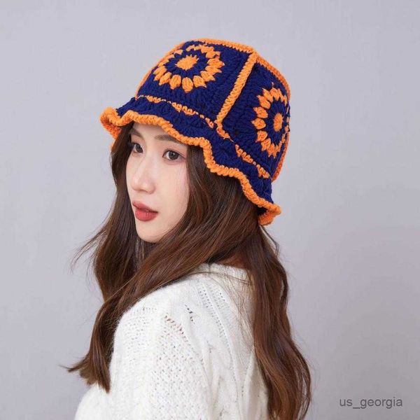 

caps unique ladies crochet knitting flower pattern knitted bucket hat accessories knitted bucket hat foldable for daily life r230627, Blue;gray