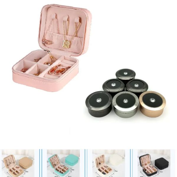 

boxes packaging portable small jewelry girls travel jewellery organizer pu leather mini case rings earrings necklace round, Black;white