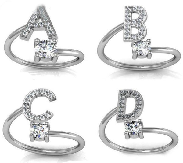 

fashion 26 letters silver ring for women rhinestone open az initial letter finger rings female engagement ring jewelry party gift3766962