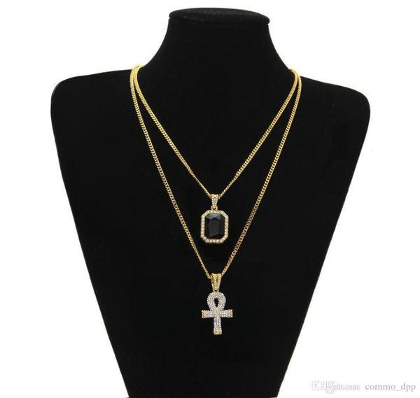 

men s egyptian ankh key of life necklace set bling iced out cross mini gemstone pendant gold silver chain for women hip hop jewelr7328604