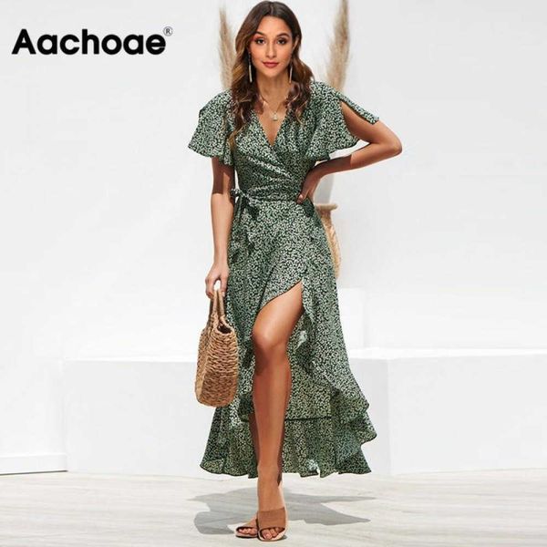 

aachoae long wrap dress summer boho style floral print maxi beach side split party sundress vestidos 210611, Black;gray