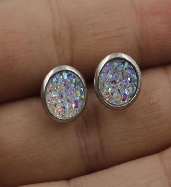 

2019 new stainless steel druzy resin mermaid fish scale pattern dome seals cabochon stud earrings for girls kids 8mm lady 12mm9517810, Golden;silver