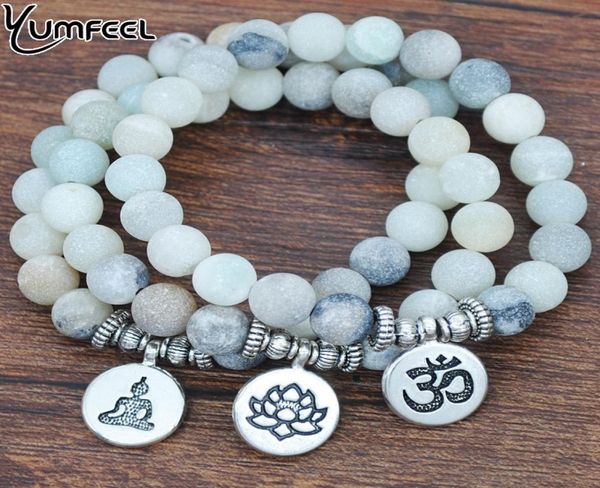 

yumfeel natural matte frosted ite om lotus flower buddha charm bracelet bangles stone jewelry4506359, Golden;silver