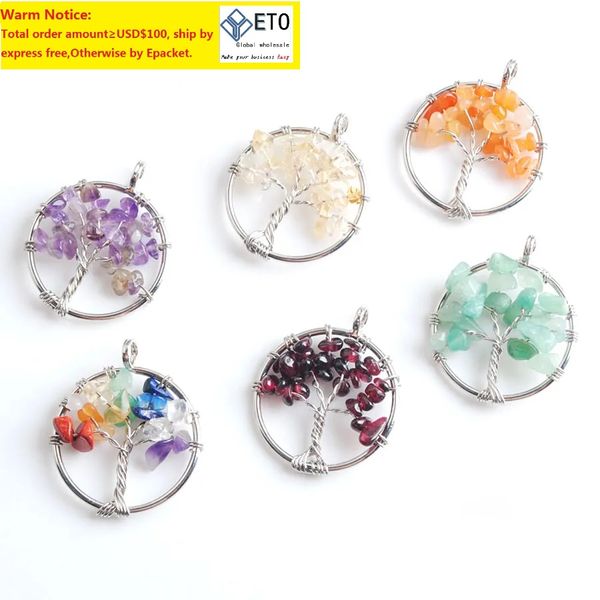 

tree of life pendant natural amethyst gem stone chip beads 7 chakra wire wrapped women necklace jewelry bm904, Silver