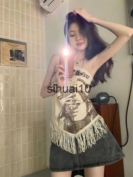 

women's t-shirt y2k printing taseel crop vintage casual mini vest sleevesless women fairy retro camis summer harajuku grunge sweats chi, White