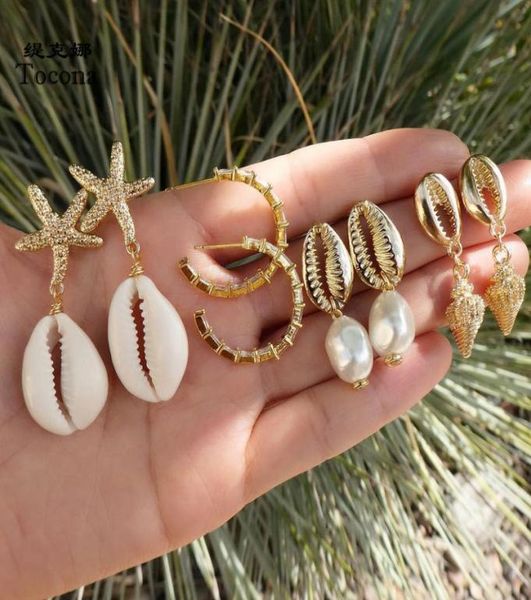 

tocona bohemian 4pairsset shell pearl drop earrings for women sea summer starfish pendant beach jewelry whole f021017083564, Golden