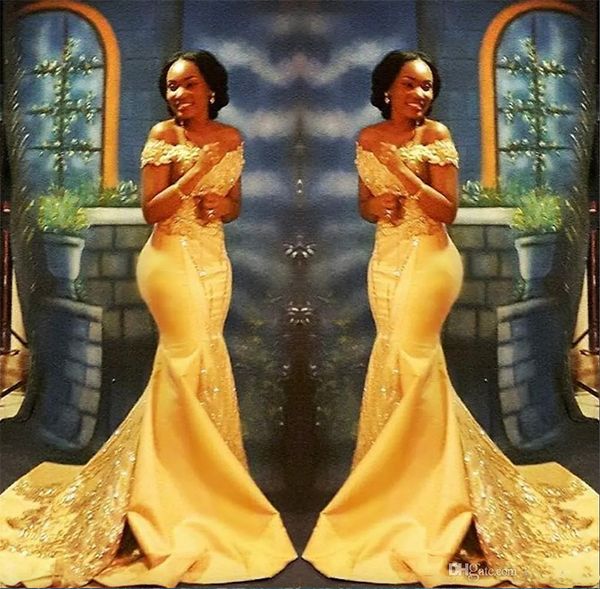 

elegant yellow african mermaid prom dresses long 2023 formal off the shoulder luxury beading crystal satin arabic trumpet evening gowns, Black