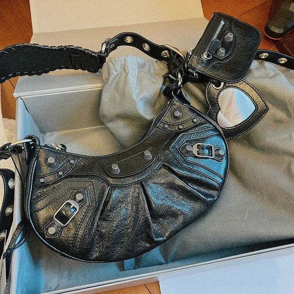 

h bag design leather balenicass biker bag 22 new women's locomotive underarm rivet tassel three in one tooth pleated cowhide cross car