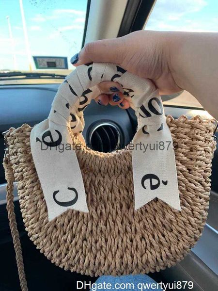 

designer bag women's fashion small ribbon semicircle crossbody hand bag letter ribbon small fresh hand straw woven bag casual women&#03
