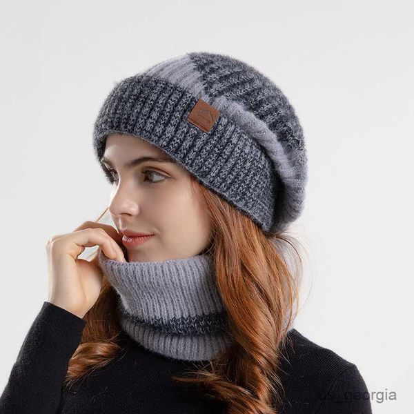 

caps winter women beanies snood sets colors knitted hat warm casual outdoor windproof thicken soft scarf beannie hat for female r230627, Blue;gray