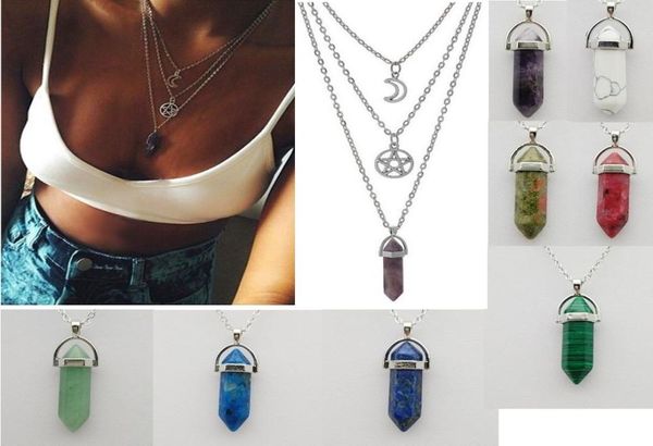 

three layers necklace silver disc star moon with hexagon crystal prism pendant silver plated metal chain fashion necklace4809067
