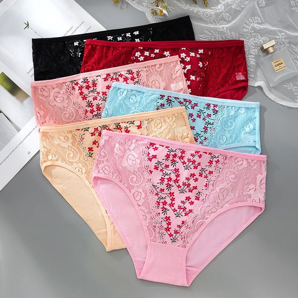 

4xl plus size cotton panties women panties comfort briefs exquisite crotchless print lingerie underwear m6160, Black;pink