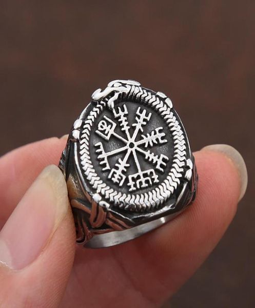 

cluster rings vintage viking compass helm of awe ring stainless steel mens nordic ethnic belief aegishjalmur jewelry3097591, Golden;silver