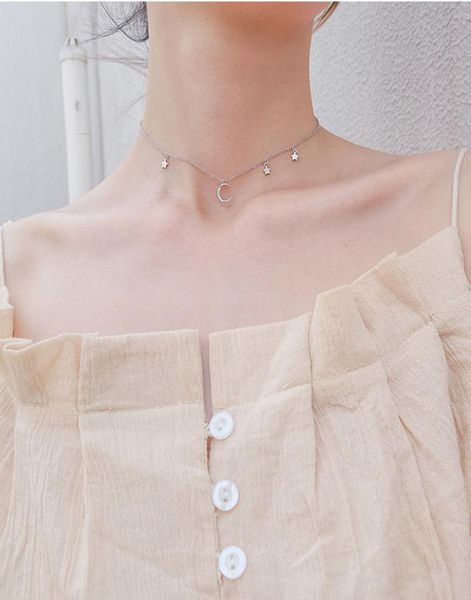 

s925 simple temperament stars moon necklace necklace korean new zircon pentagram star crescent choker clavicle chain female3754587, Silver