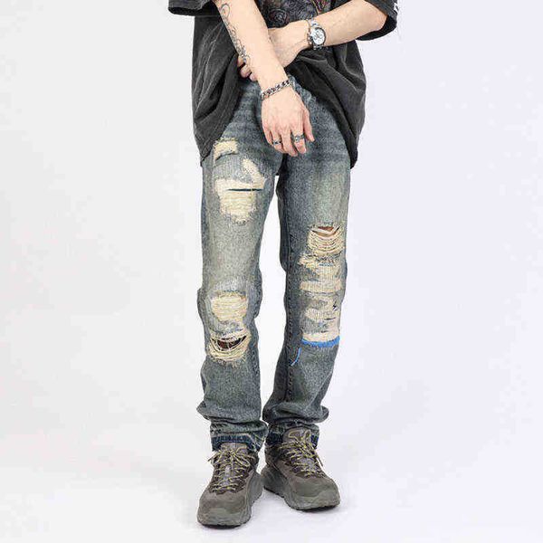 

retro hole ripped straight spliced mens jeans streetwear washed pcoekts distressed denim trousers loose hip hop jean pants t220803, Blue