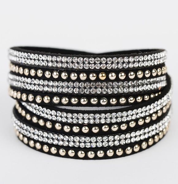 

double wrap leather rhinestone bracelets crystal multilayer braided leather bling double wrap bohemian leather bracelet for women9652425, Golden;silver