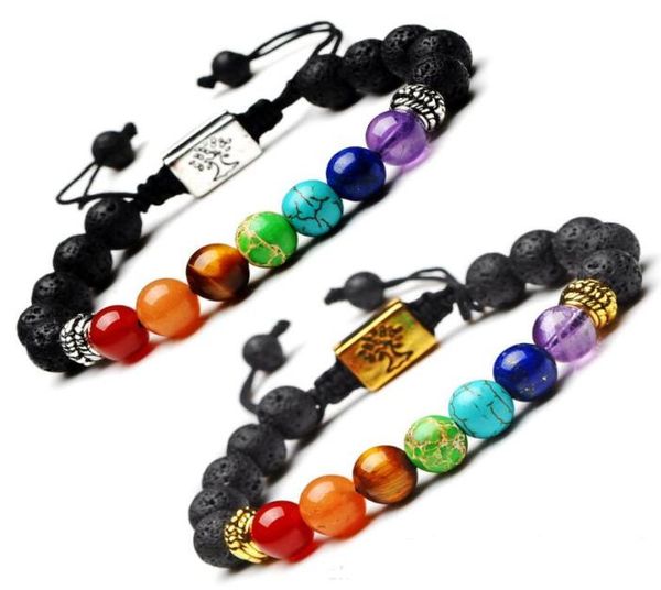 

handmade natural stone 7 reiki chakra healing balance beads bracelet lava diffuser the tree of life rosary beads bracelets yoga j5702134, Black