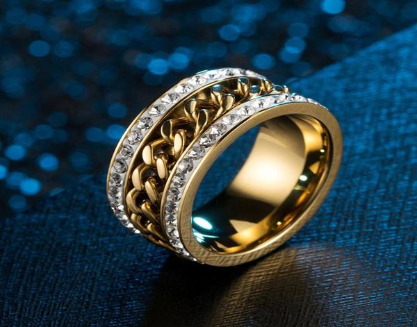 

cluster rings hip hop rainbow jewelry ring stainless steel chain with zirconia stone for men multicolor black gold color punk part2476469, Golden;silver
