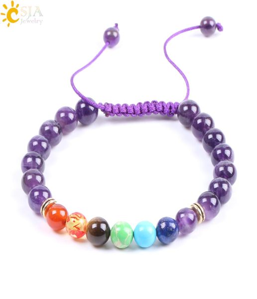 

csja amethyst natural stone bracelets purple quartz 7 chakra beads handmade braided rope adjustable yoga women healing points brac7674452, Black