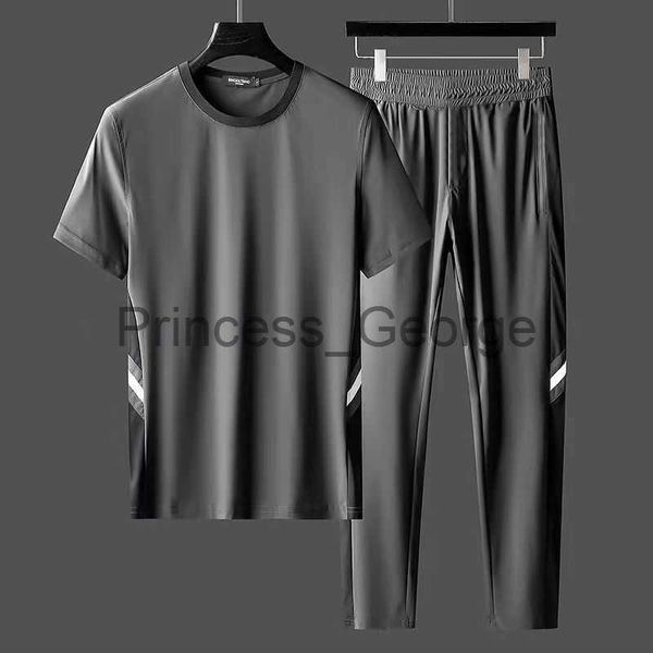 

men's tracksuits summer men casual sports suit tshirt pants two pieces set thin quick drying ice silk suit breathable sweatpants 2 piec, Gray