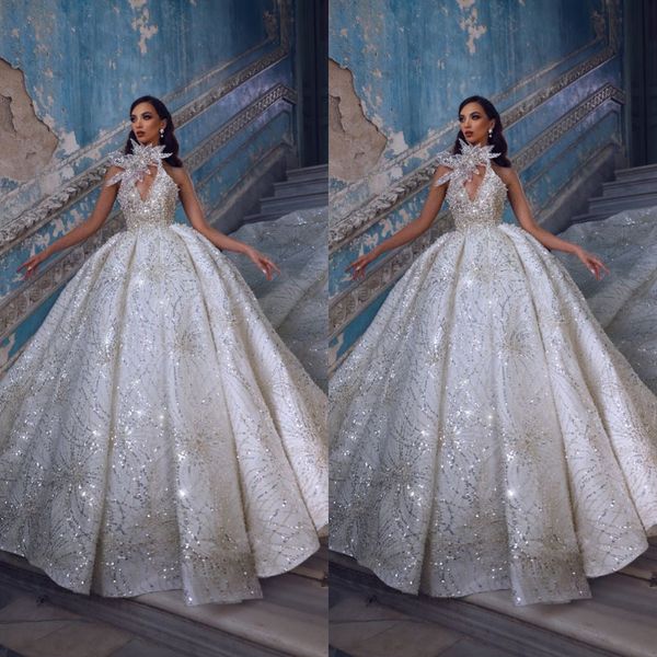 

glamorous ball gown wedding dresses halter art deco-inspired neck luxury applicants chapel gown backless custom made plus size bridal gown v, White