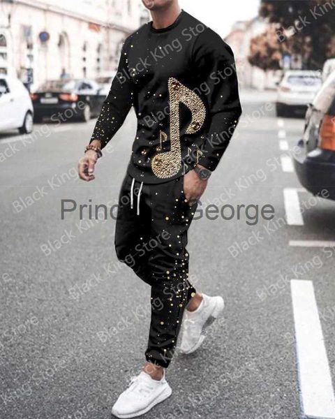

men's tracksuits men's suit spring autumn men's fashion casual music notation print long sleeve tshirt jogging sports pants t, Gray