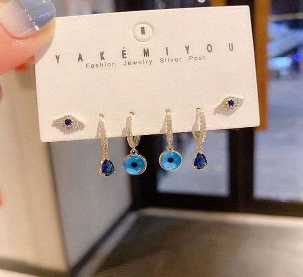 

highend turkish blue evil eye water drop earrings set gold color zircon hamsa women earrings jewelry ubtn6221582, Silver