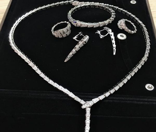 

brand wedding thin slim bracelet bangle clip earings jewelry set wide ring serpenti necklace party set for women4101799, Silver