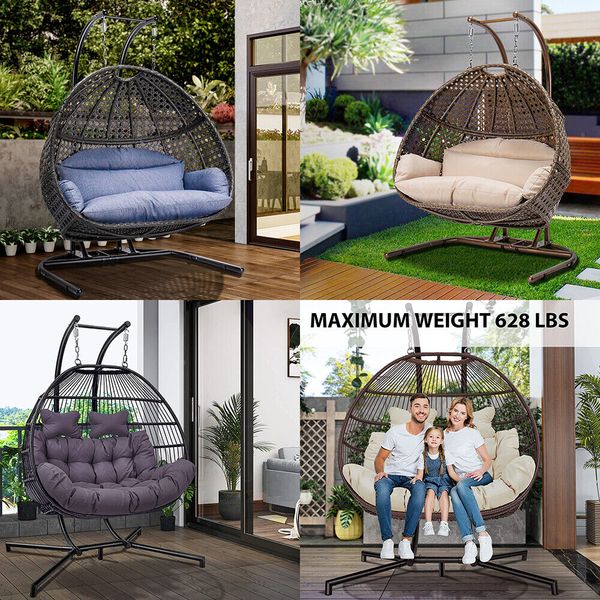 

patio double 2-seater wicker swing chair stand hanging egg w/ cushion