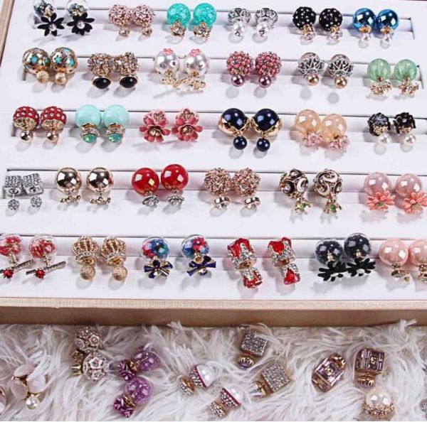 

random mix 15 style 15pairslot delicate crystal pearl double sided earrings opal gemstone screw earrings fit girl madam1529081, Golden;silver