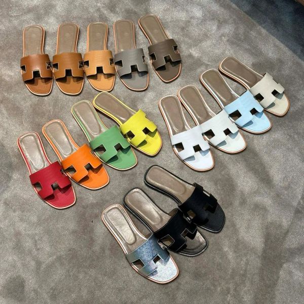

designer oran slippers women leather sandals flat fashion beach h letter slip lady slides slipper for womens with box and dust bag size 35-4, Black