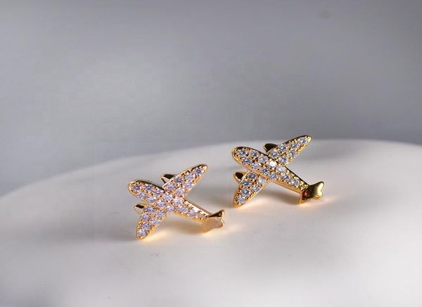 

simple whole brass gold plated inlay zircon airplane shaped cute stud earrings for women jewelry5425119, Golden;silver