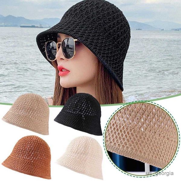 

caps handmade crochet floppy summer hats collapsible dome bucket hat hollow out solid color beach caps simplicity soft women hat r230627, Blue;gray