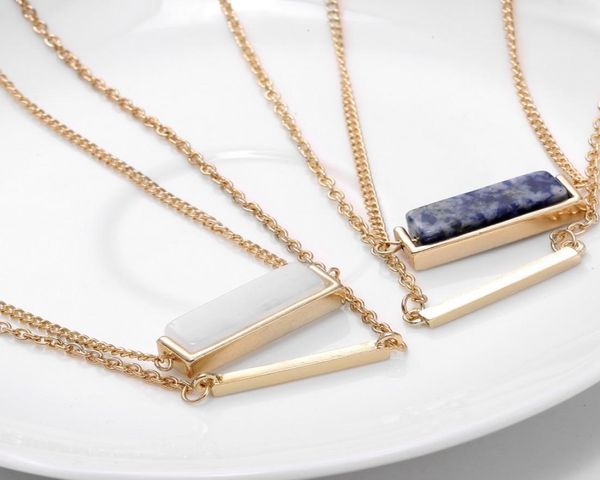 

korean horizontal natural stone necklace luxury geometric quartz gemstone pendant multilayer chains for women ladies fashion jewel4616616, Silver
