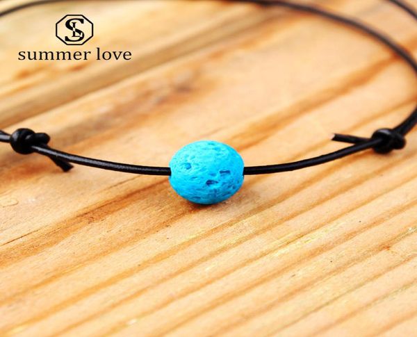 

simple natural stone leather anklet for women men europe style ocean adjustable colorful volcanic stone braided rope ankl4131018, Red;blue