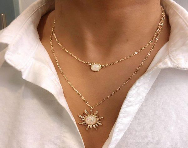 

bohemian multilayer sun flower pendant necklace women fashion opal locket clavicle chain choker alloy jewelry gift1735634, Silver