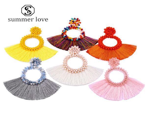 

vintage crystal beaded tassel dangle earrings for women style bohemian big hoop drop earring handmade long chain charm jewelry gif3800415, Silver