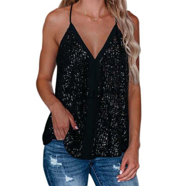 

diy tanks camis vintage women sequin vest sleeveless summer camisole casual v-neck tank fashion loose pullover blouse streetwear j230706, Black