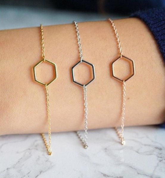 

10 simple hollow line hexagon charm bracelet cut out open polygon bracelets geometric quadrilateral lucky woman mother men039s 3602898, Golden;silver