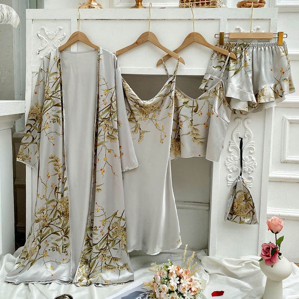 

floral 5 pieces printed womens girl straps tank shorts satin silk sleepwear nightwear pajamas set ladies night gown dresses