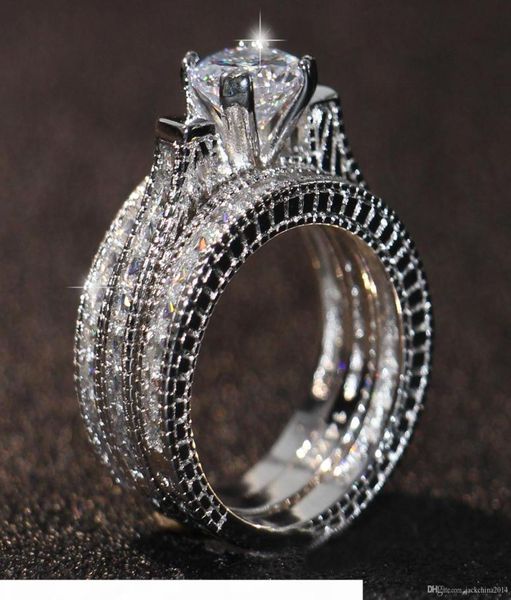 

engagement z simulated diamond diamonique 14kt white gold filled 3 wedding women ring sets gift size 5116194988, Slivery;golden